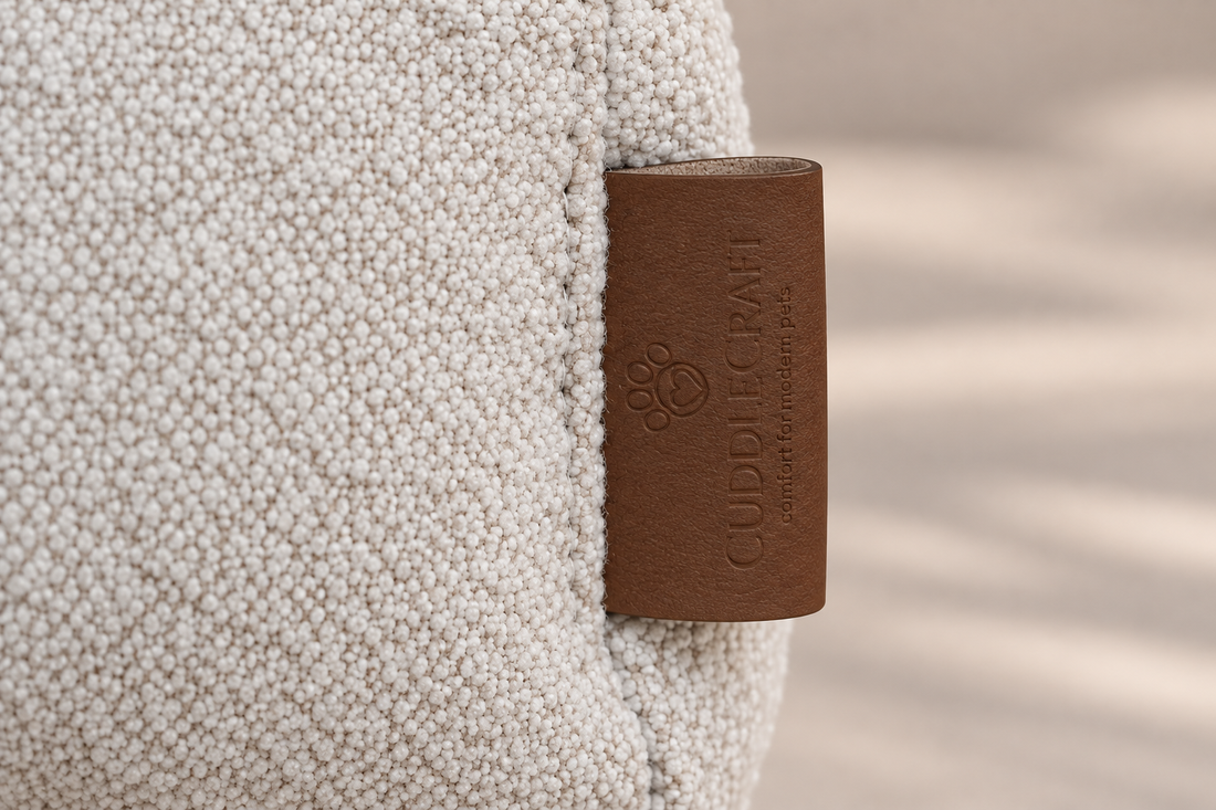 Beige Sand upholstery fabric and CUDDLE CRAFT leather label