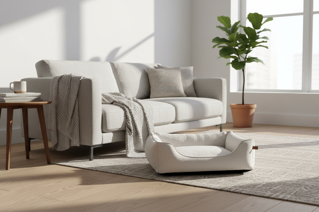 CUDDLE CRAFT Cozy Bed beside sofa in a warm Scandinavian living room