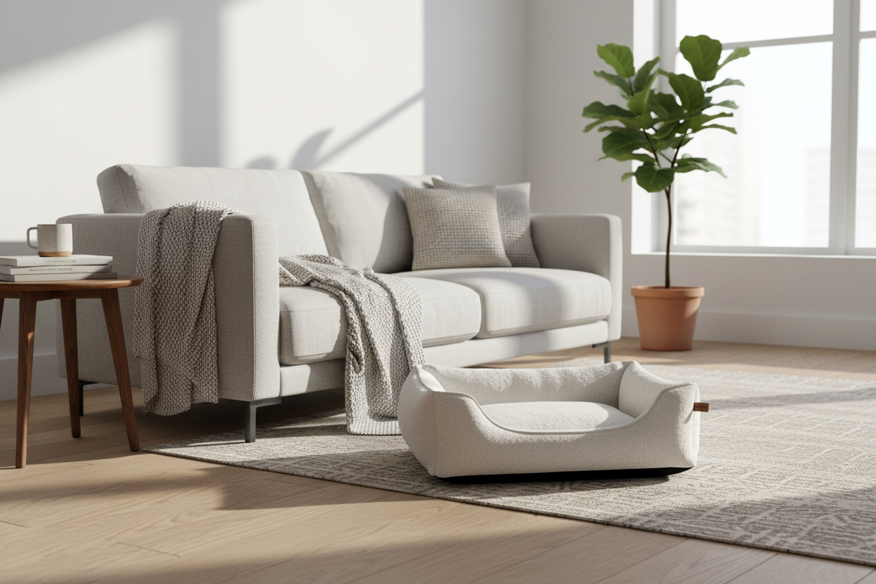 CUDDLE CRAFT Cozy Bed beside sofa in a warm Scandinavian living room