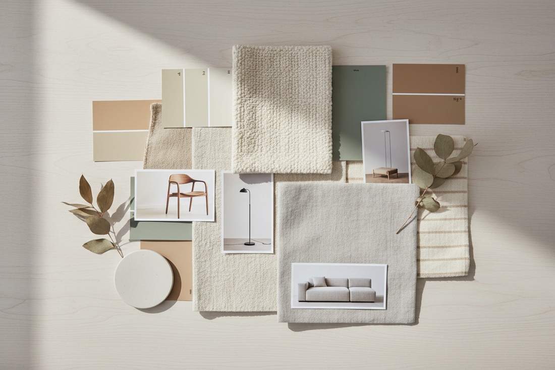 Neutral interior colour palette and fabric mood board