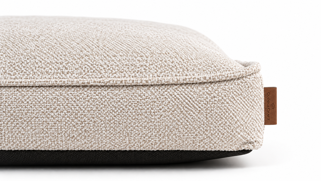 CUDDLE CRAFT REST MATTRESS in Beige Sand — fabric and leather label close-up