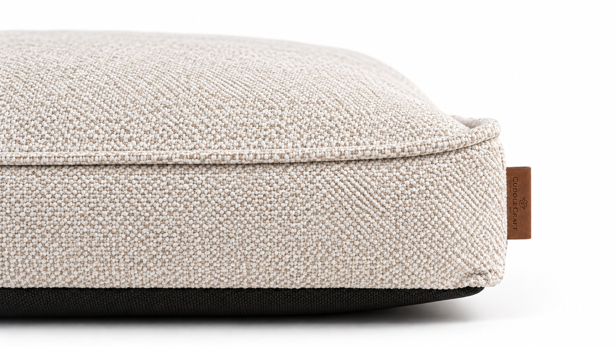 CUDDLE CRAFT REST MATTRESS in Beige Sand — fabric and leather label close-up