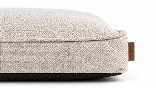 CUDDLE CRAFT REST MATTRESS in Beige Sand — fabric and leather label close-up