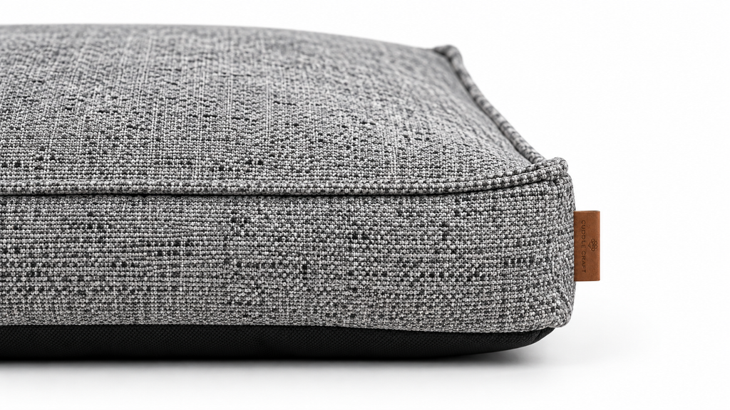CUDDLE CRAFT REST MATTRESS in Warm Grey — fabric and leather label close-up