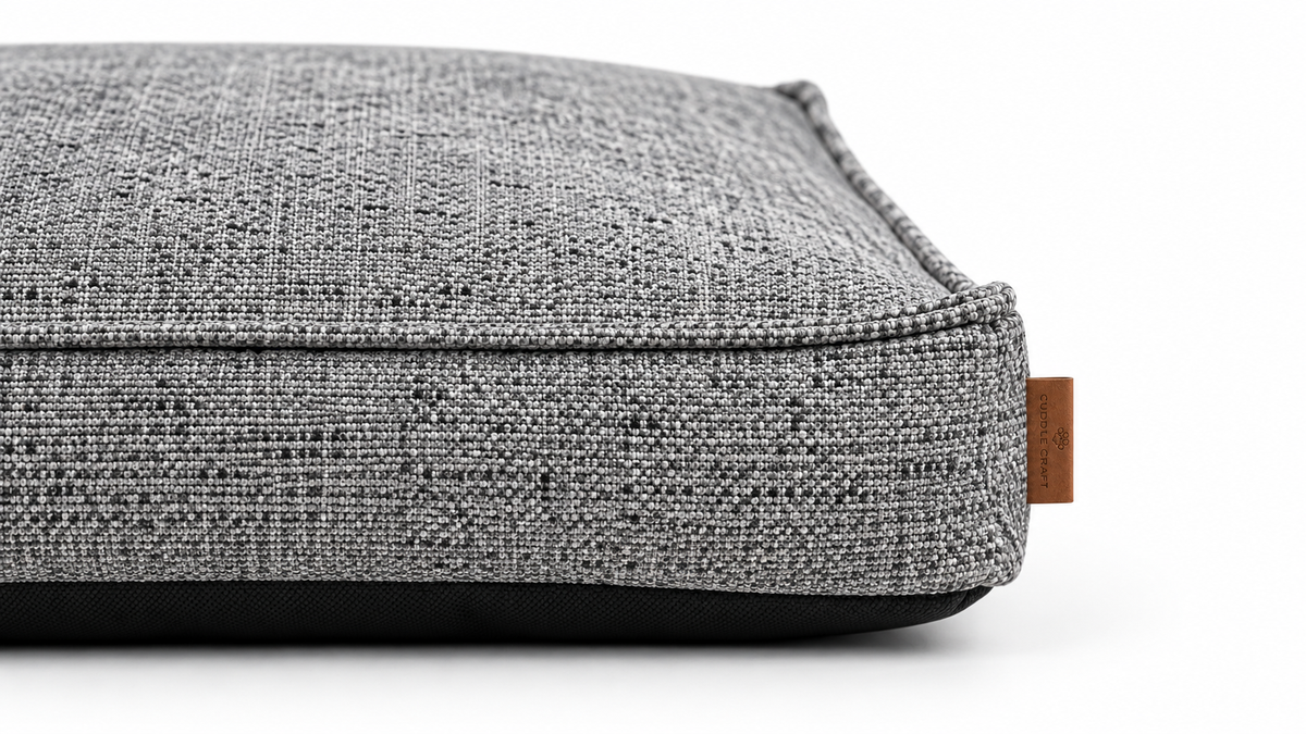 CUDDLE CRAFT REST MATTRESS in Warm Grey — fabric and leather label close-up