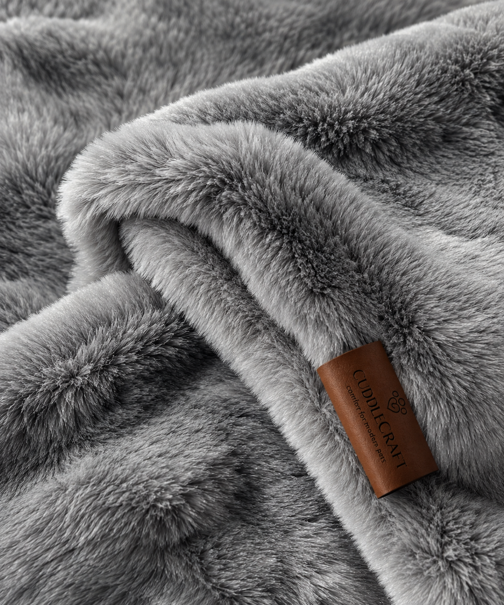 CUDDLE CRAFT BLANKET in Warm Grey — blanket fabric and brand tag