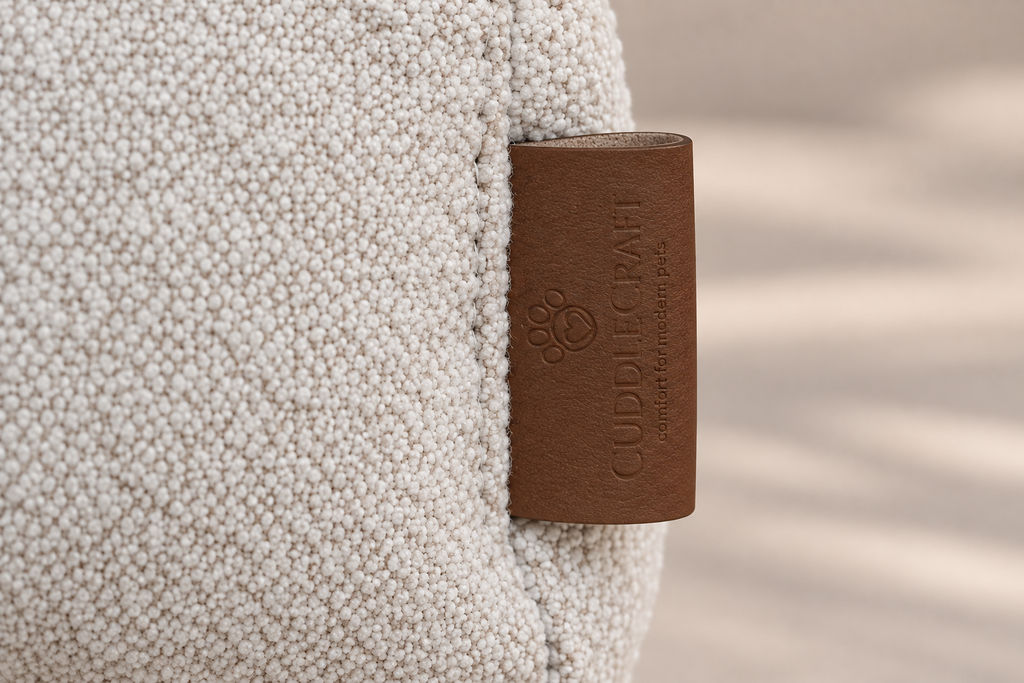 CUDDLE CRAFT COZY BED in Beige Sand — fabric and leather label close-up